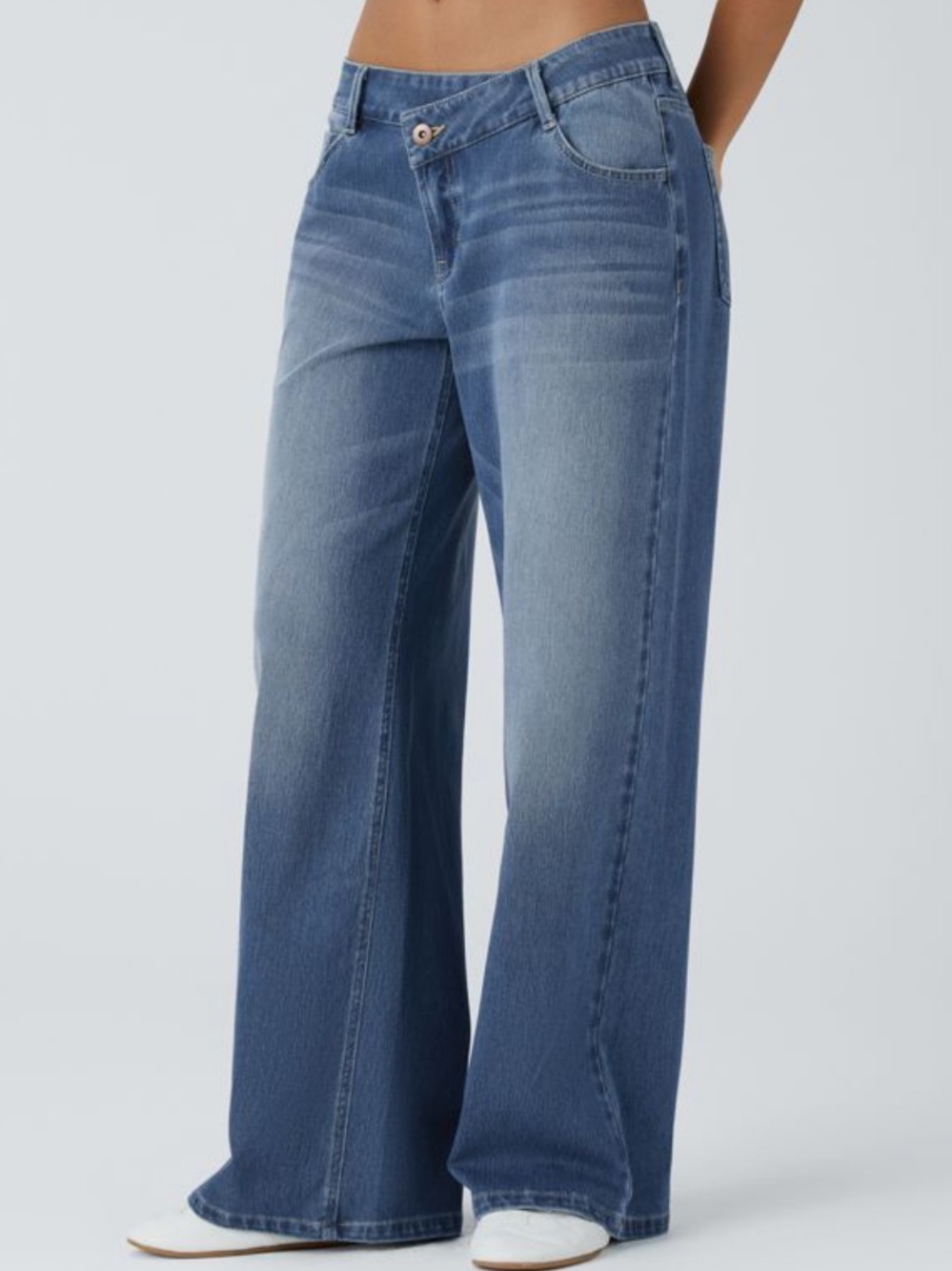 Halara Flex Asymmetric Waist Baggy Wide Leg Jeans L Petite Medium Wash Stretch